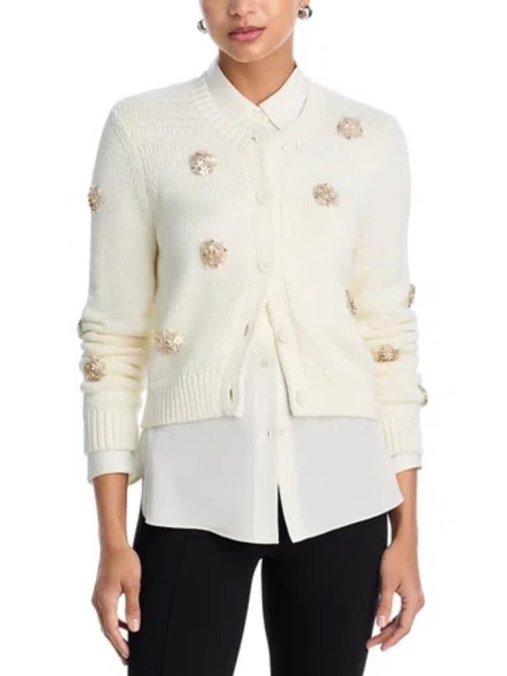 Cinq à Sept Cream Cardigan with Crystal Accents L
